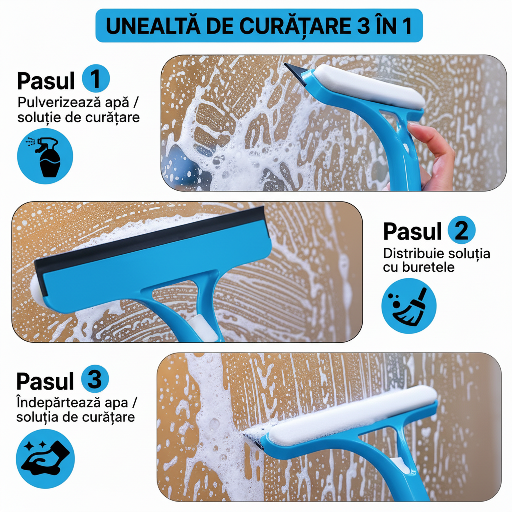 Racletă Geamuri 3-în-1 cu Rezervor de Apă